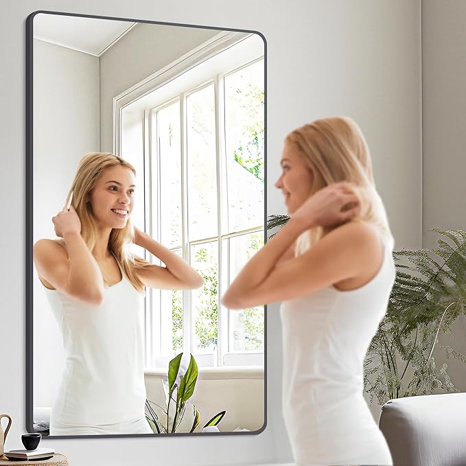 30" x 55"Bathroom Mirror, Matte Black Wall Mirror with Metal Frame, Decorative Rectangular Vanity Mirror for Bedroom Bathroom Living Room Entryway (Horizontal/Vertical)
