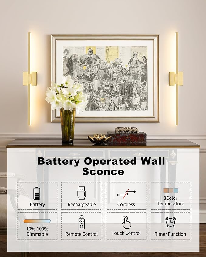Rayogale 8000mAh Battery Operated Wall Sconce, 3000K/4500K/6000K Dimmable Gold