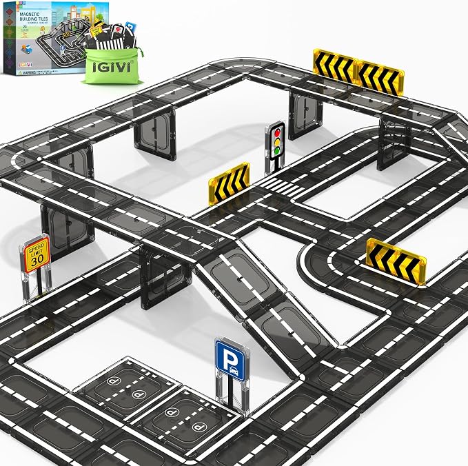 Magnetic Tiles Road Set, STEM Magnet Toys for Kids Ages 3-5 4-8, Magnetic Building Blocks for Toddlers, Birthday Gifts for 3+ Year Old Boys Girls
