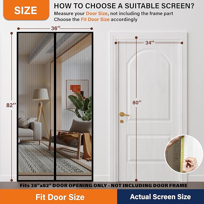 Magnetic Screen Door,Hook&Loop Pet Screen Door Fit Door Size 34" x 80" Heavy Duty Door Screen Magnetic Keep Bugs Out