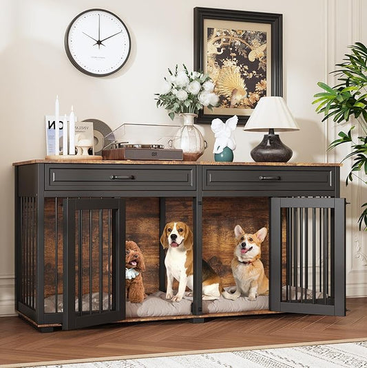 Furniture Style Dog Crate, 64.6 Inch Wooden Large Dog Kennel with Drawers & Divider, Indoor Dog House Furniture with Double Rooms for Medium Small Breeds, Brown+Black