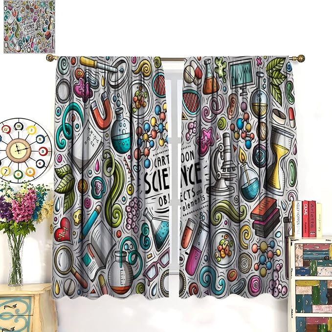 Science Symbols Kids Curtain Sketches Cartoon Chemistry Physics Geometry Education Pattern Print Window Drapes for Bedroom Living Room Kitchen Decor,2 Panel Set,72x63 Inch Blackout
