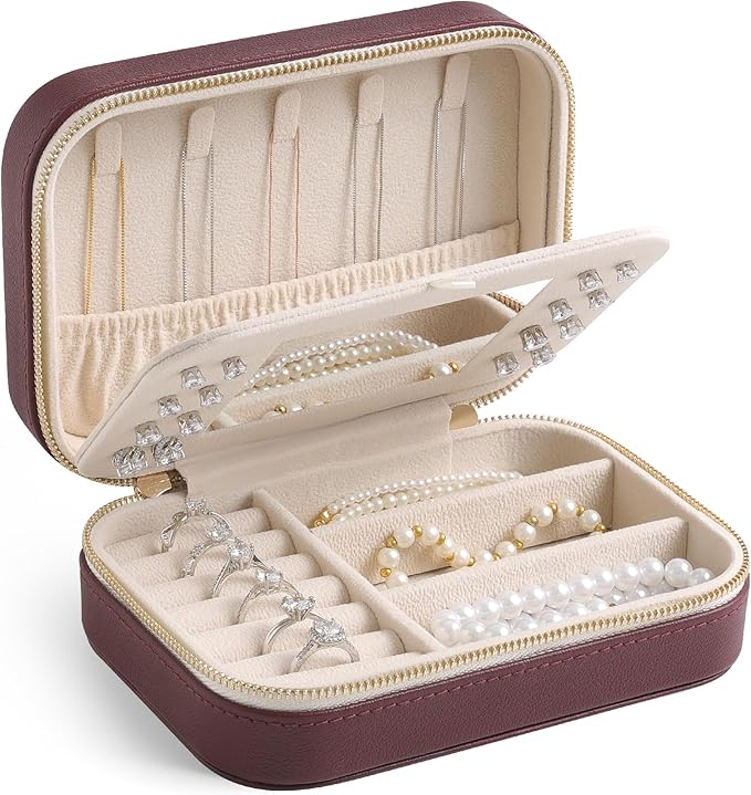 Genuine Leather Travel Jewelry Organizer Case with Mirror for Women, Small Mini Portable Jewelry Box for Ring Earrings Necklace Bracelet Luxury Gift for Women（Burgundy）