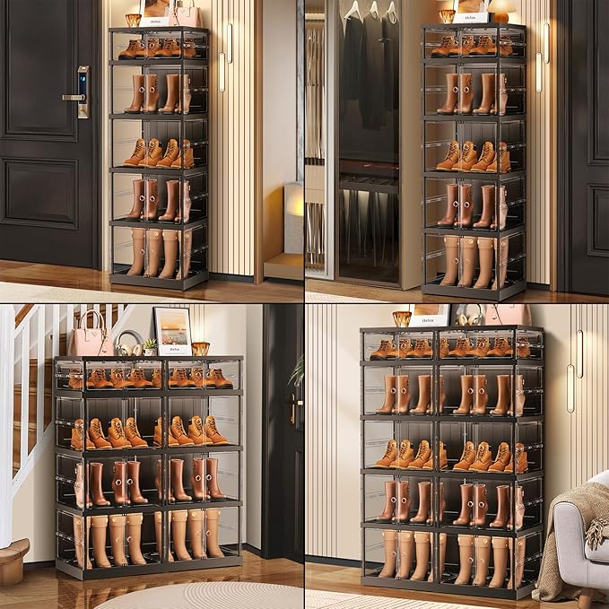 CIMLORD 5-Tier Foldable Shoe Rack for Closet Entryway 10-20Pairs,Stackable Clear Shoe Storage Boxes Organizer with Door Plastic Shoe Cabinet Bins with Lids Shoes Shelf Easy Assembly Large Black