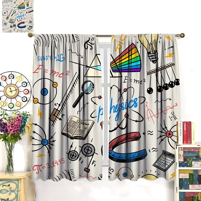 Science Physics Window Curtains, Abstract Math Chemistry Curtain Scientist Graffiti Print Window Treatments for Kids Teens Bedroom Living Room Set 2 Panels,63x72 Inches
