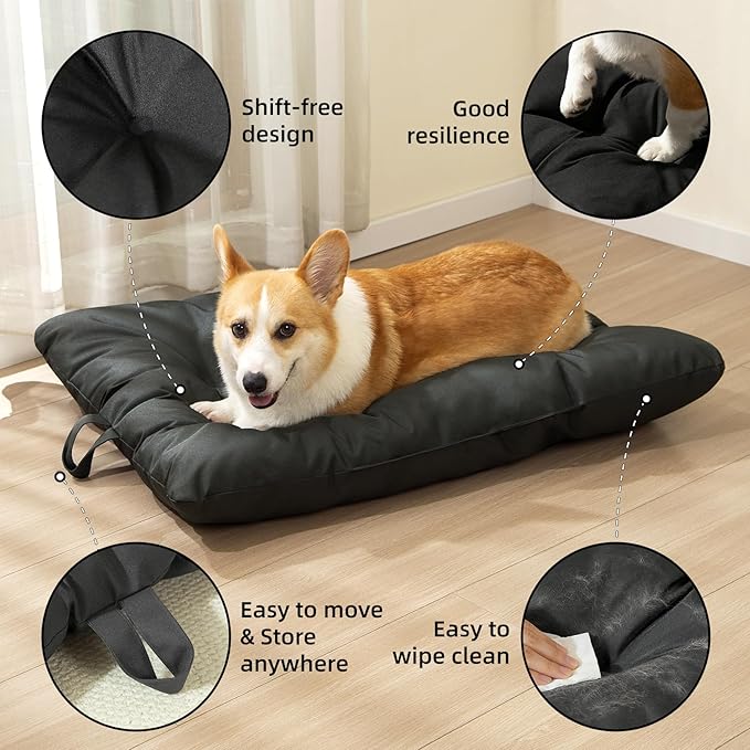 Chew Resistant Dog Bed for Small/Medium Dogs - Durable 29”x18” Kennel Pad with Soft Plush Filling, Machine Washable Crate Mat for Aggressive Chewers, Indoor Outdoor Pet Bed, Black
