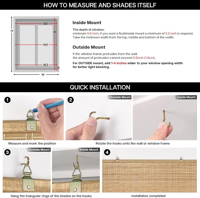 LazBlinds Cordless Bamboo Blinds, Bamboo Roll Up Shades