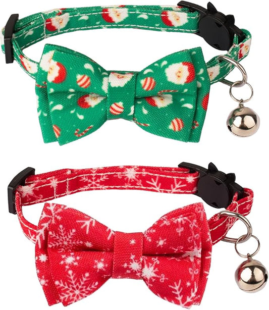 ADOGGYGO Christmas Cat Collar Breakaway with Bowtie Bell - 2 Pack Santa Snowflake Xmas Kitten Collar with Removable Bowtie Christmas Bow tie Collar for Kitten Cat