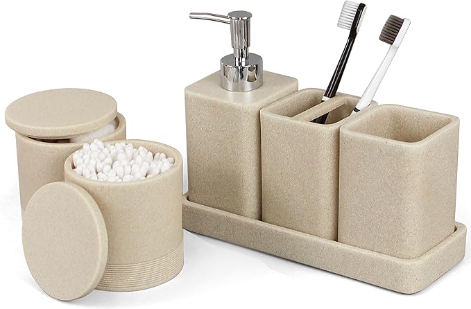 Bathroom Accessories Set, 6 Piece Bathroom Set with Toothbrush Holders, Soap Dispenser, Vanity Tray, Tumbler, Cotton Swab Jars, Bathroom Organizer，Bathroom Sink Sets, Stone Beige