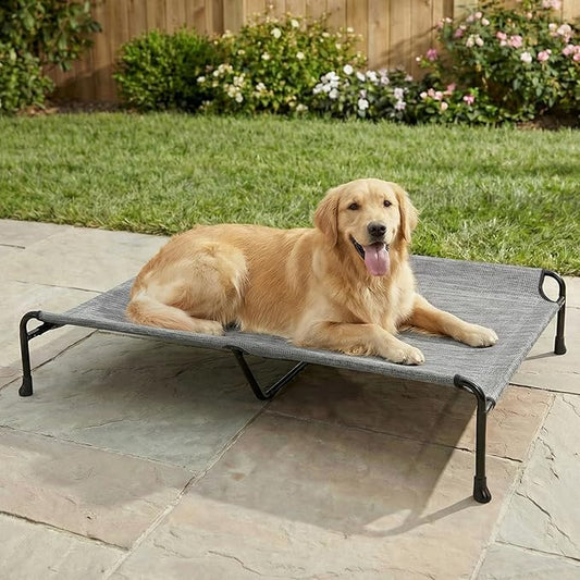 Veehoo Outdoor Dog Bed, 53" XXL Raised Dog Bed, Elevated Dog Bed with Headrest, Washable Cooling Dog Cot with Non-Skid Feet, Breathable Mesh, Portable Pet Hammock for Indoor or Camping, Black Silver