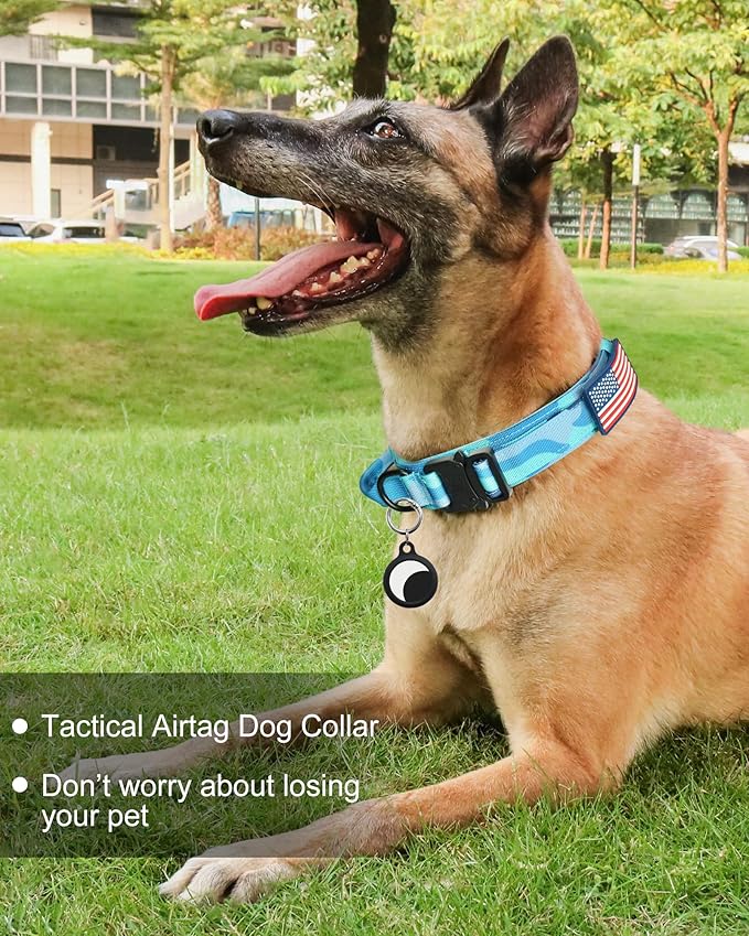 Hotsky Tactical Dog Collar and Leash Set, Heavy Duty Military Airtag Dog Collar with Handle and Metal Buckle for Training and Walking, with Airtag Holder and Two Patches (Blue Camo, L)