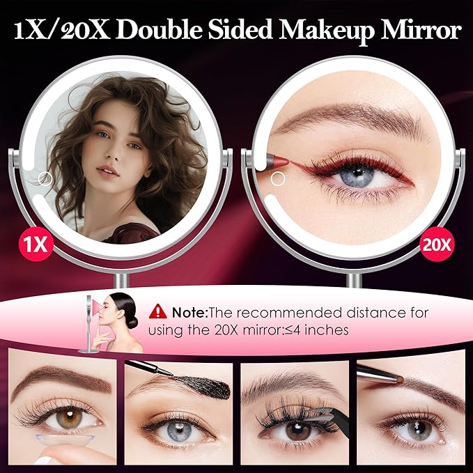 20X Magnifying Mirror with Light, Height Adjustable 2000mAh Makeup Mirror with Light, 3 Color Lights for Tabletop/Travel. Detachable Travel Makeup Mirror, Vanity Mirror for Bathroom, Silver