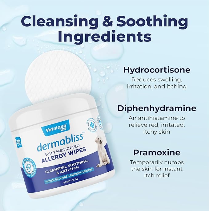 Vetnique Dermabliss 3-in-1 Medicated Dog Wipes - Relief for Itchy Skin, Allergies & Odor Control, Gentle No-Sting Formula, Antihistamine & Hydrocortisone Paw Wipes for Dogs & Cats 50 Count