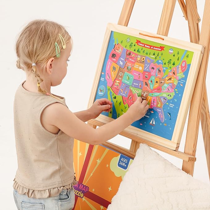 GRINNIE USA Map Puzzle for Toddlers 3 4 5 Years Old, Magnetic Wooden Jigsaw Learning Puzzle with Writing Board for Kids Age 4-6, Preschool Educational Toy Gift for Boys Girls Birthday Christmas