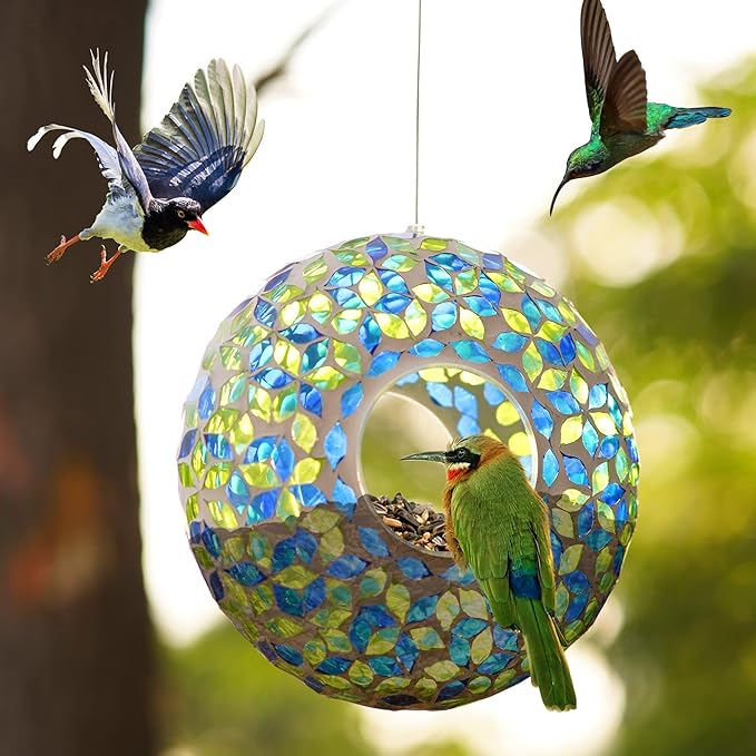 Mosaic Bird Feeder - Outdoor Fly Through Wild Hanging Bird Feeders with Mosaic Glass Design for Garden, Yard, Backyard, Deck and Porch Decor, 9 Inch
