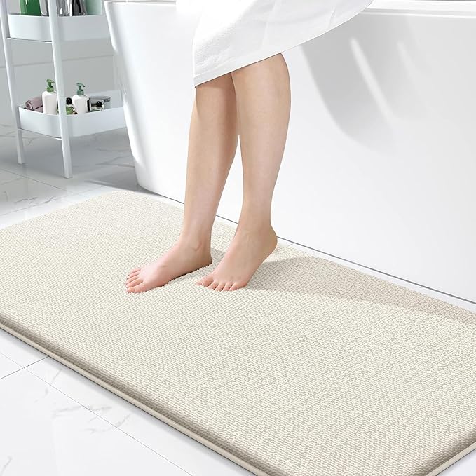OLANLY Thick Memory Foam Bath Mat Rug 47x24, Extra Soft Absorbent Bathroom Rug, Quick Dry Bath Mats, Non-Slip, Machine Washable Carpet for Bathroom, Tub and Shower, Home Decor Accessories, Ivory