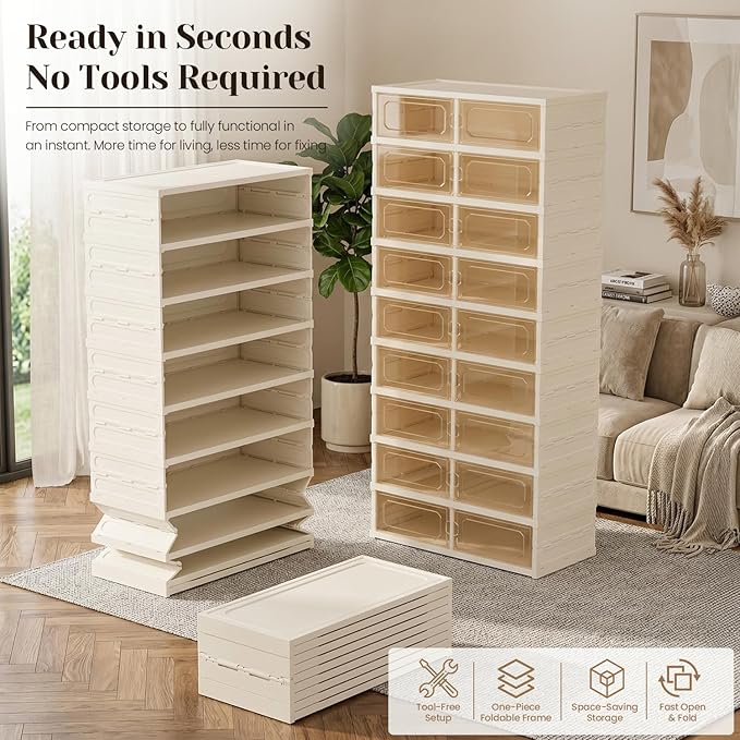 Foldable Shoe Rack with Doors, Stackable Plastic Shoe Organizer, Large Clear Shoe Storage Boxes for Closet and Entryway, Portable Collapsible Shoe Cabinet 9 Tiers, 27Pairs