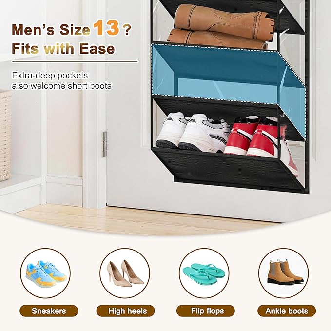 MISSLO 36 Pairs Clear Over the Door Shoe Organizer Closet Hanging Shoe Rack for Door with Large Deep Pockets Shoes Hanger Holder for Sneakers, Boots, Heels Storage (Black)