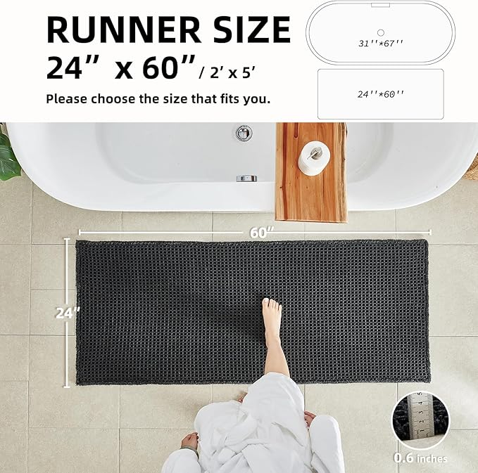 Black Long Bathroom Rug, Waffle Runner Rug Bathroom Non Slip Washable Super Absorbent Quick Dry Boho Farmhouse Bath Decor, 60"x24" Black