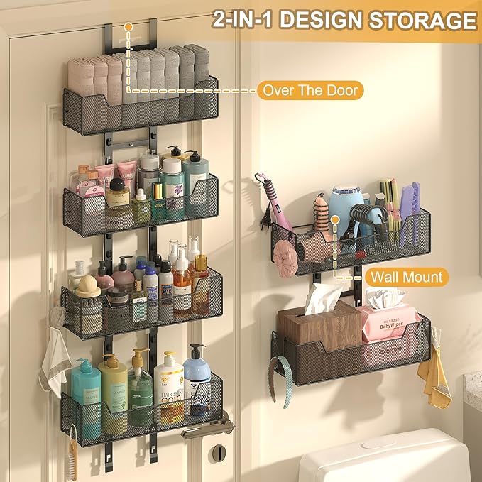 Over The Door Organizer, Metal Hanging Door Organizer with 6 Adjustable Baskets and 5 Hooks, Behind The Door Storage for Closet Cabinet Kitchen Bathroom Bedroom Pantry Organizer, Black