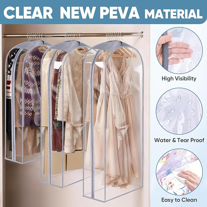 BALEINE 50'' Clear Garment Bags for Hanging Clothes, 10.5'' Wide PEVA Suit Bag for Closet Clothes Dresses Coat (Clear, 6PK)