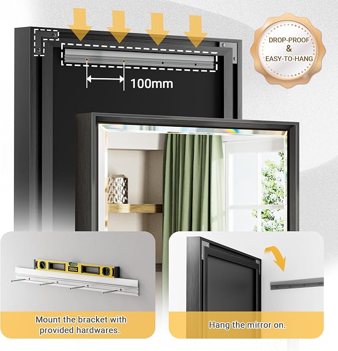 48 x 36 Black Framed Mirror for Bathroom, Beveled Black Bathroom Vanity Mirror