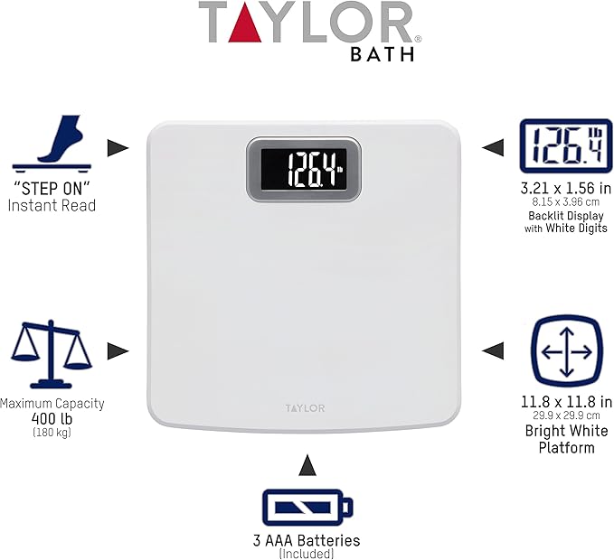 Taylor Digital Scale for Body Weight, High 400 LB Capacity, Easy to Read Readout Display with Silver Bezel Accent, Durable Platform, White