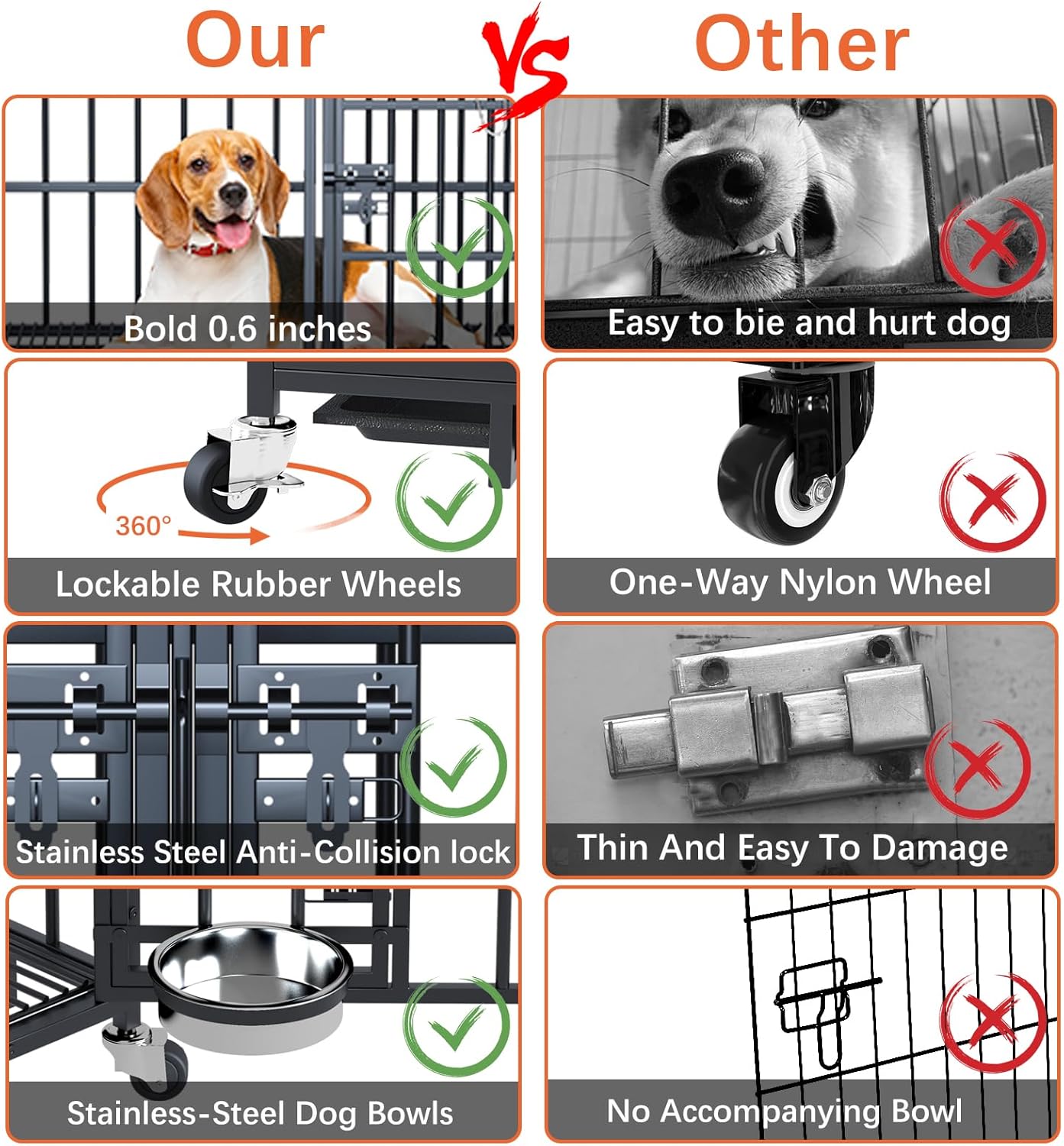 aboxoo 42/48 inch Heavy Duty Metal Dog Crate for 2 Dogs/Large Dog,All Metal Open Top Stackable,Dog Kennel Indoor with Wheels,Floor Grid, Tray, Divider and Feeding Bowl