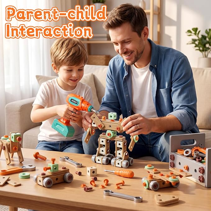CUTE STONE 200PCS Toddler Tool Set with Electric Toy Drill | STEM Construction Building Toy, 2-in-1 Tool Bench & Storage Box, Montessori Pretend Play Gift for Kids Boys Girls Ages 3-6