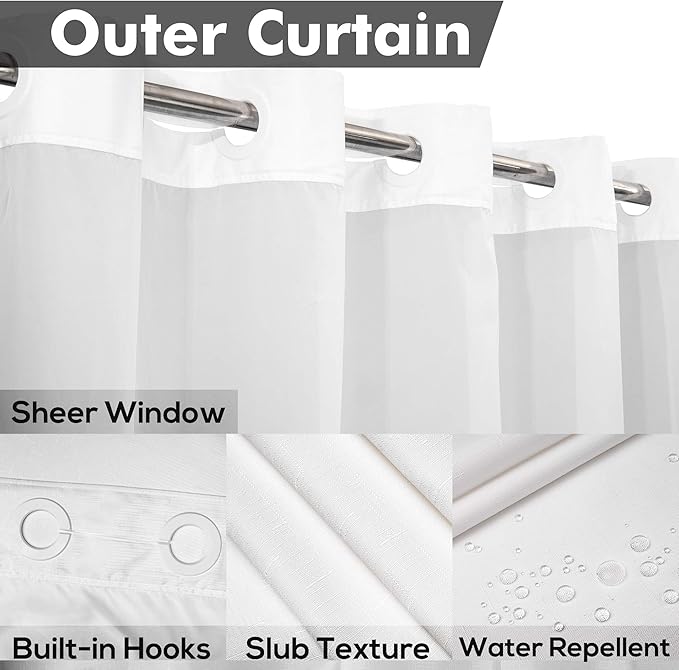 No Hook Slub Textured Shower Curtain with Snap-in PEVA Liner Set - 71" x 74"(72"), Hotel Style with See Through Top Window, Fabric Outer Curtain & Waterproof Inner Liner, White, 71x74
