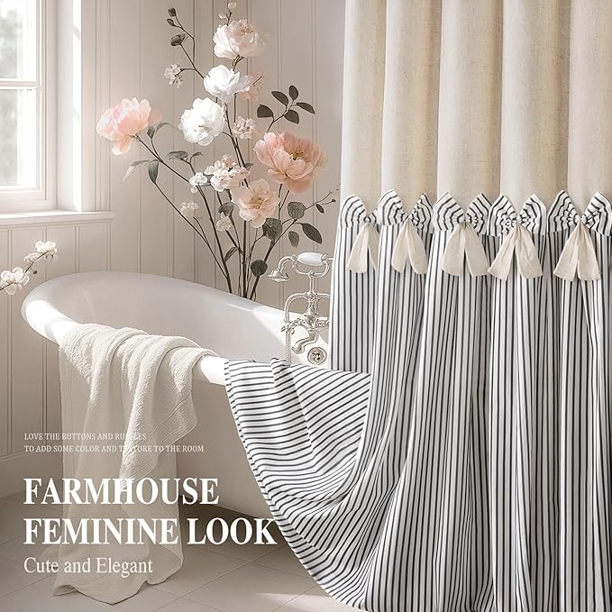 Farmhouse Shower Curtain Linen Bow Woven Fabric Country Rustic Western, Pleated Black Stripe 72" W x 72" L