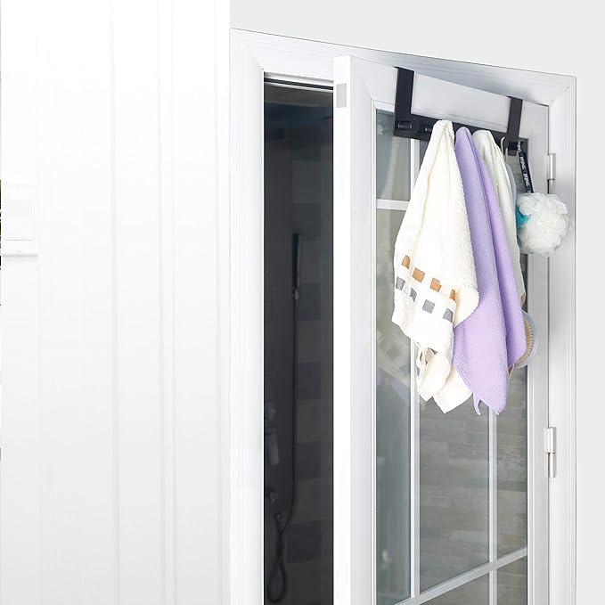 WEBI Over The Door Hooks,Over The Door Towel Rack with 6 Peg Hooks for Hanging,Over Door Hanger Coat Rack for Behind Back of Bathroom,Black,2 Packs