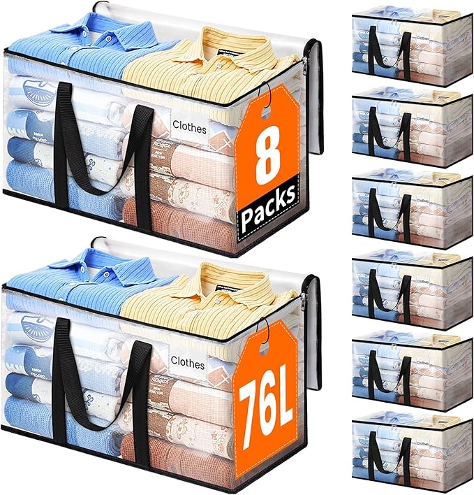 Extra Large Heavy Duty Moving Bags, Storage Bags with Strong Zippers & Handles, Packing Bags for Moving Essentials, Ideal Storage Tote for Home, Dorm & Storage Solutions, 76L, 8 Packs, Clear