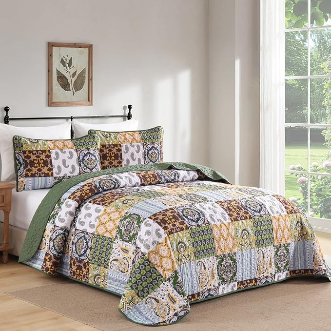 WONGS BEDDING Boho Quilt Set Queen Size, Plaid Patchwork Bedspread Bedding Set Soft Microfiber Quilt for Queen Bed Reversible 3 Pieces Coverlet Set for All Season (Brown Olive 96"x90")