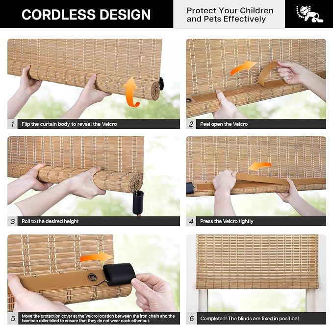 LazBlinds Cordless Bamboo Blinds, Bamboo Roll Up Shades