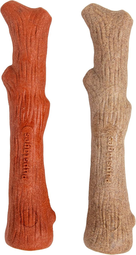 Outward Hound Pupstages Dogwood Mesquite Dog Chew Toy – Real-Wood Blend, Moderate Chewers, Medium, 7.5", 2-Pack (Natural & Mesquite Flavors)