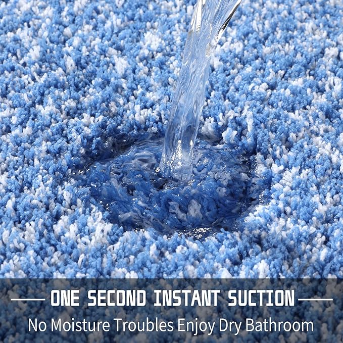 Yimobra Toilet Rugs U Shaped Washable 24x20, Ultra Soft and Water Absorbent Bath Mats, Non Slip Fluffy Shaggy Luxury Microfiber Contour Bath Rugs for Toilet, Dry Quick, Blue and White