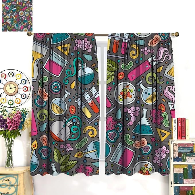 Science Physics Curtains, Abstract Math Chemistry Curtain Scientist Graffiti Print Window Treatments for Kids Teens Bedroom Living Room Set 2 Panels,63x63 Inches