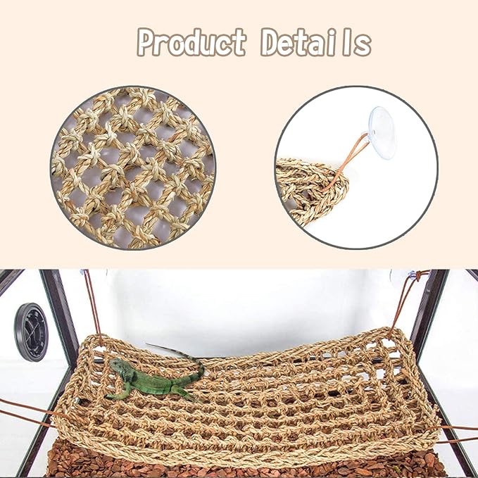 PINVNBY Hammock for Bearded Dragons,Lizard Lounger Reptile Natural Seagrass Habitat Decoration Reptiles Tank Accessories Jungle Climber Vines Flexible Leaves Climbing Decor for Gecko Chameleon(5 PCS)