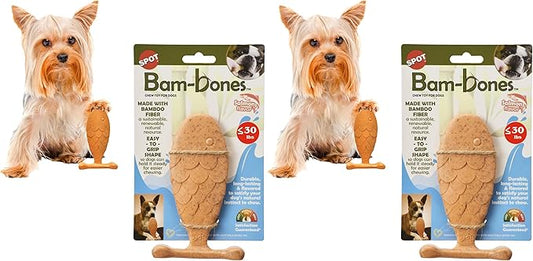 SPOT Bam-Bones Fish - Made with Strong Bamboo Fiber, Durable Long Lasting Dog Bone for Light to Moderate Chewers, Great Chew Toy for Adult Dogs & Teething Puppies Under 30lbs, 5.5in, Salmon Flavor