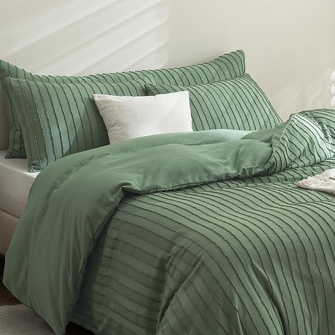 JELLYMONI Duvet Cover California King Size Green - 3PCS Boho Striped Duvet Cover Set Polyester Tufted Bohemian Textured Comforter Cover 104×98in with Corner Ties & Zipper and 2 Pillowcases