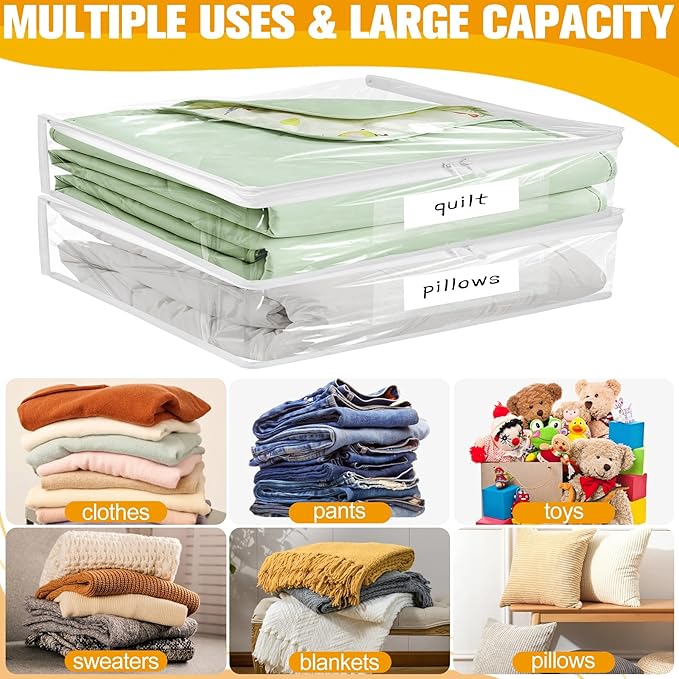 Plastic Storage Bags with Easy-Glide Zipper, Pack of 6, Durable Clear Vinyl Zippered Storage Bags for Clothes Sweaters Comforters Blankets Sheets Bedding (23.6 x 16.9 x 13.8 Inch)