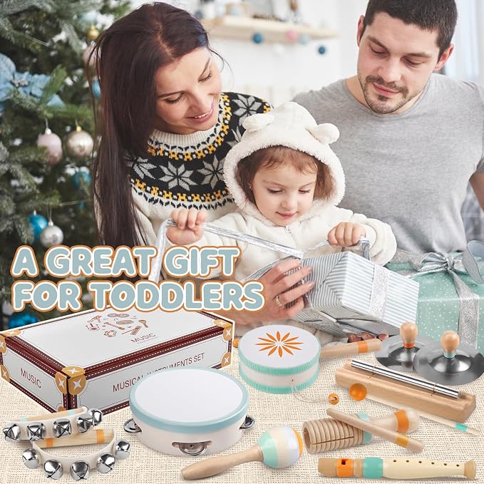 Baby Musical Instruments - Montessori Wooden Musical Toys for Toddlers Kids | Tambourine Percussion Instruments Set, Preschool Music Learning Sensory Toys, Educational Birthday Gifts for Boys Girls