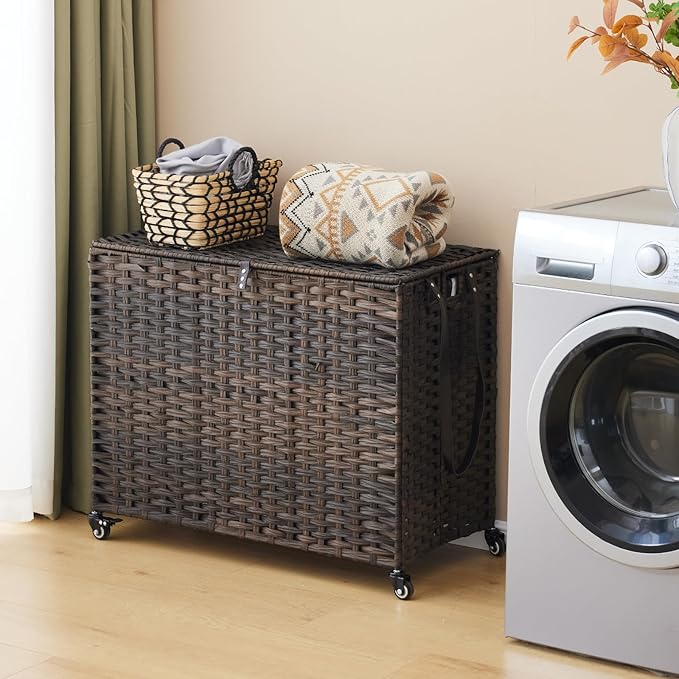 Laundry Hamper with Wheels, 52.8 Gallon(200L) Rolling Laundry Basket with Lid, 3-Section Rattan Clothes Hamper with 3 Removable Liner & 3 Mesh Bags, Laundry Sorter with Side Pocket, Brown