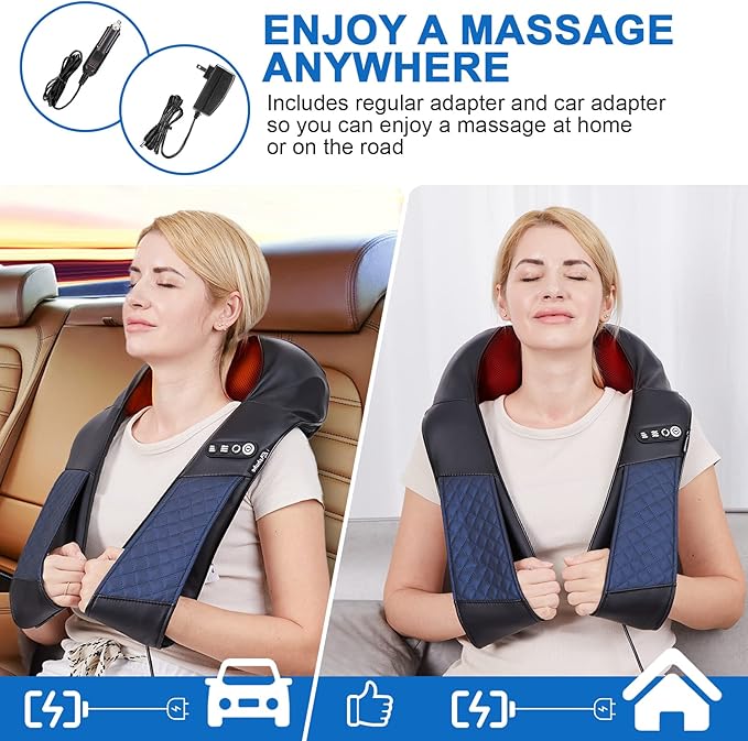 Neck and Shoulder Massager with Heat Shiatsu Back Massage Pillow with 3D Deep Tissue Kneading for Foot, Legs, Body Muscle Pain Relief, Use at Home, Office & Car