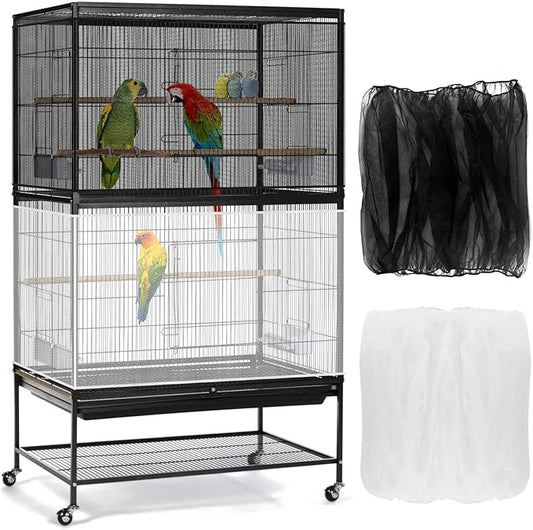 Bissap 2 PCS Bird Cage Seed Catcher, 59-90'' Universal Birdcage Net Nylon Adjustable Elastic Band Stretchy Skirts Mesh Cover for Parrot Cage Seed Guard (Not Include Birdcage)- White & Black