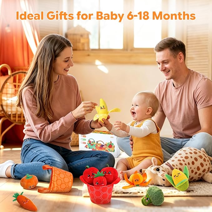 HumorPlay Montessori Baby Toys 6-12-18 Months, 12PCS Soft Fruit & Vegetable Sensory Toy Set & 4 Color Sorting Baskets, Fine Motor Skill Educational Toys for 1 Year Old Boy Girl Birthday Gifts