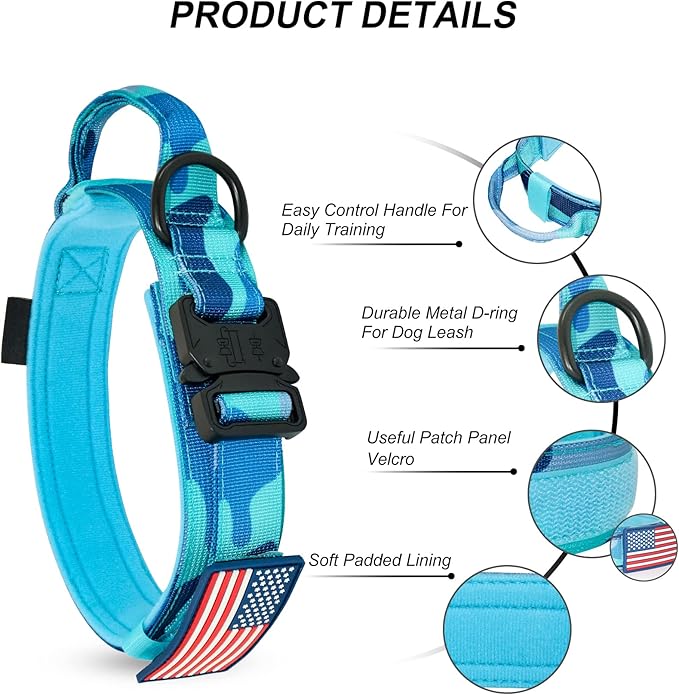 Hotsky Tactical Dog Collar, Adjustable Military Training Nylon Airtag Collar with Handle and Heavy Duty Metal Buckle for Medium Large Dogs, with Airtag Holder and Two Patches（Blue Camo,L）