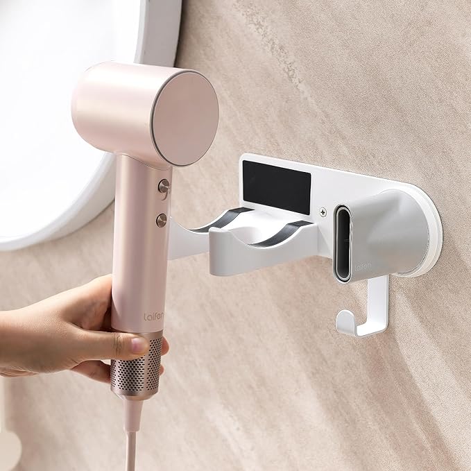 Hair Dryer Holder Wall Mounted, Hair Dryer Organizer Self Adhesive Compatible with Dyson Blow Dryer Holder Aluminum BlowDryer Holder Wall Mounted for Bathroom White