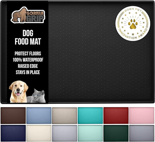 GORILLA GRIP 100% Waterproof Raised Edge BPA Free Silicone Pet Feeding Mat, Dog Cat Food Mats Contain Spills Protects Floors, Placemats for Cats and Dogs Water Bowl, Pets Accessories 23x15 Black